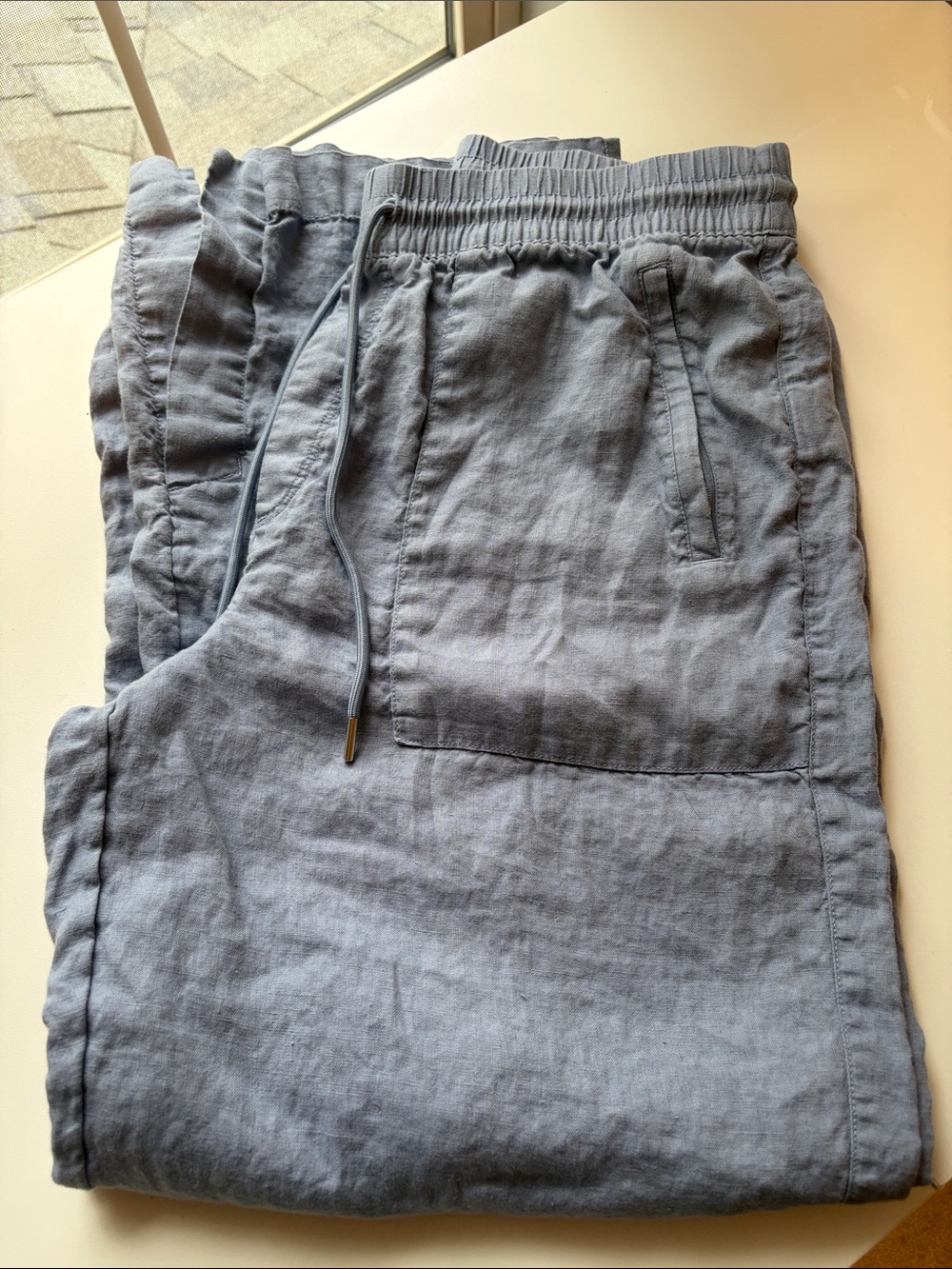 Athleta Women's Slate Blue Drawstring 100%Linen Wide Leg Pant